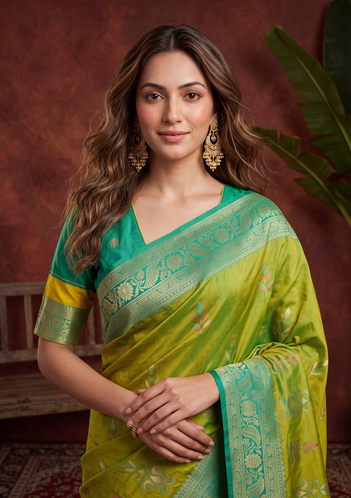 Parrot Green Art Silk Patola Jaal Saree With Matching Blouse Piece