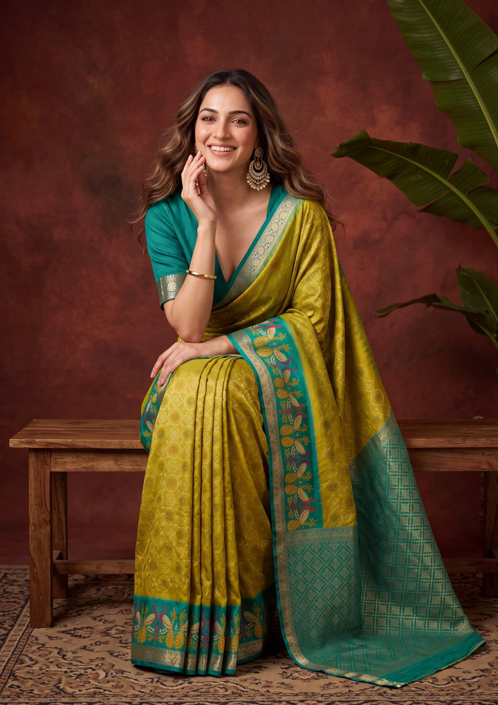 Parrot Green Art Silk Patola Jaal Saree With Matching Blouse Piece