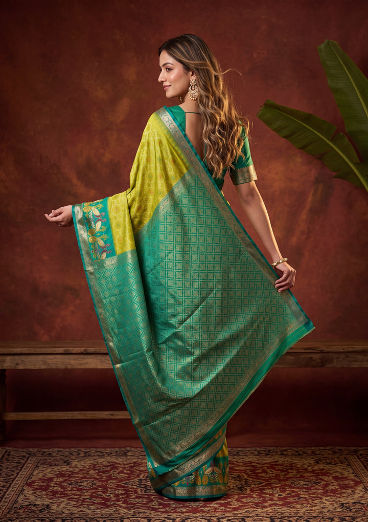Parrot Green Art Silk Patola Jaal Saree With Matching Blouse Piece