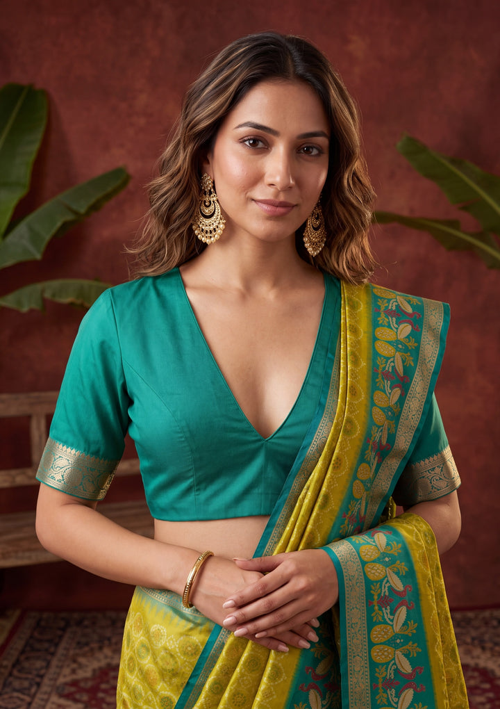 Parrot Green Art Silk Patola Jaal Saree With Matching Blouse Piece