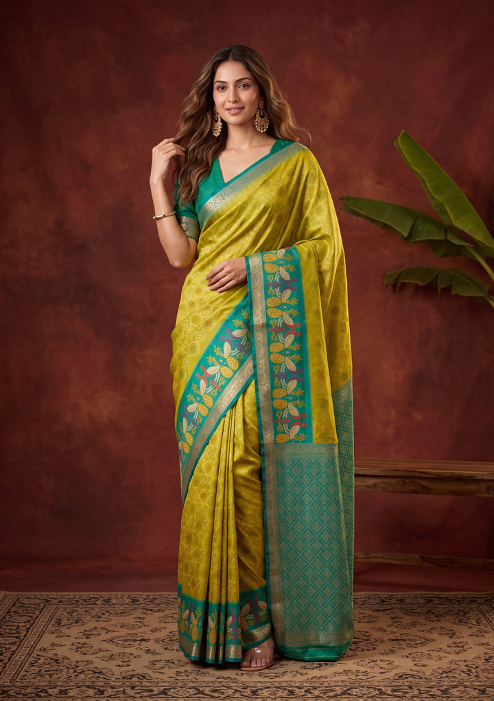 Parrot Green Art Silk Patola Jaal Saree With Matching Blouse Piece