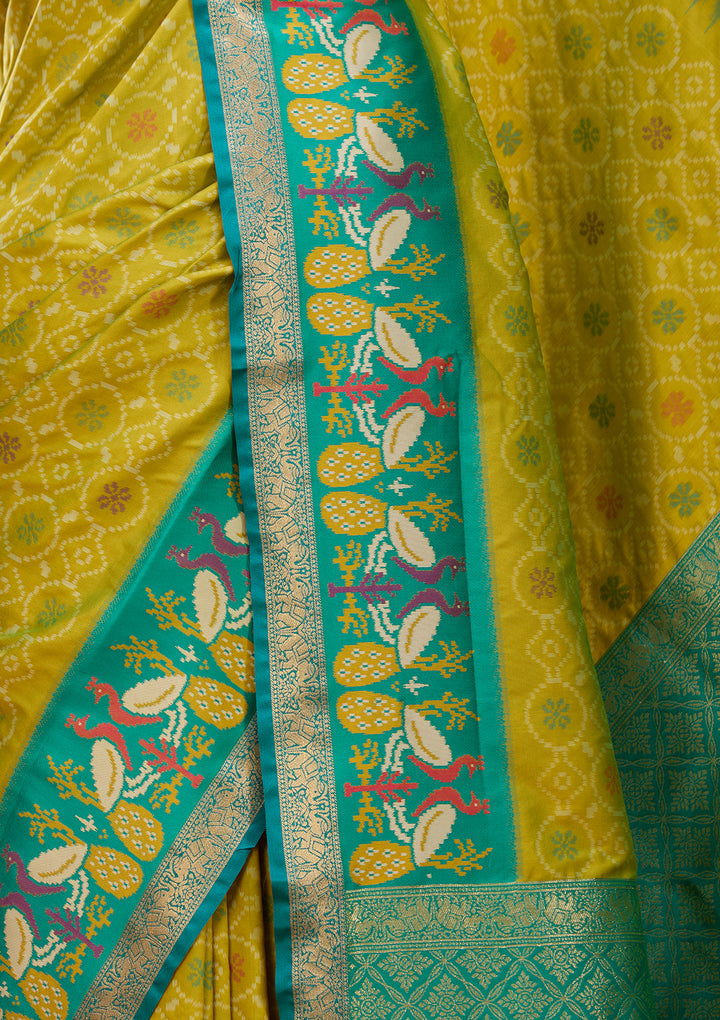 Parrot Green Art Silk Patola Jaal Saree With Matching Blouse Piece