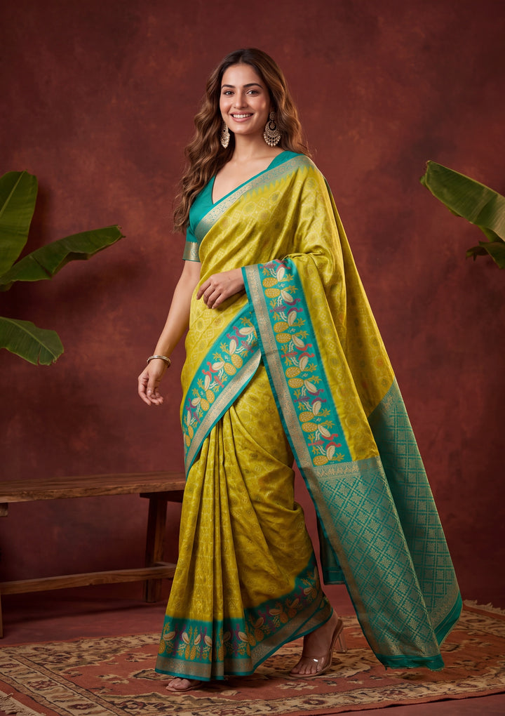 Parrot Green Art Silk Patola Jaal Saree With Matching Blouse Piece