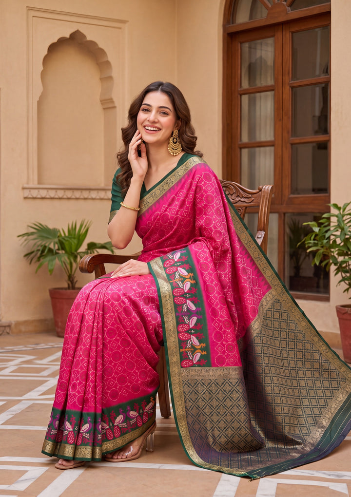 Rani Pink Art Silk Patola Jaal Saree With Matching Blouse Piece