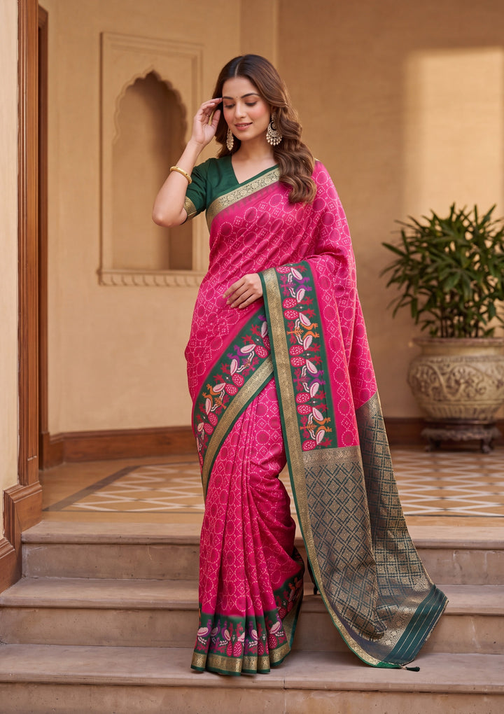 Rani Pink Art Silk Patola Jaal Saree With Matching Blouse Piece