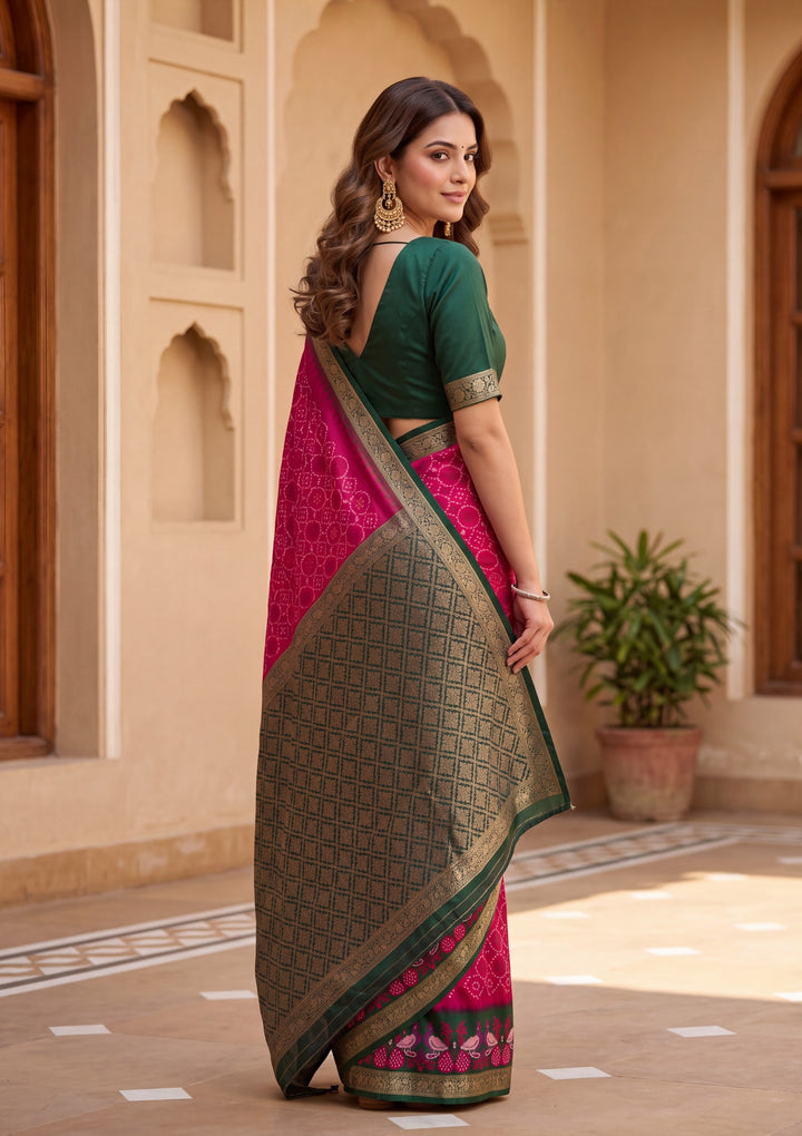 Rani Pink Art Silk Patola Jaal Saree With Matching Blouse Piece