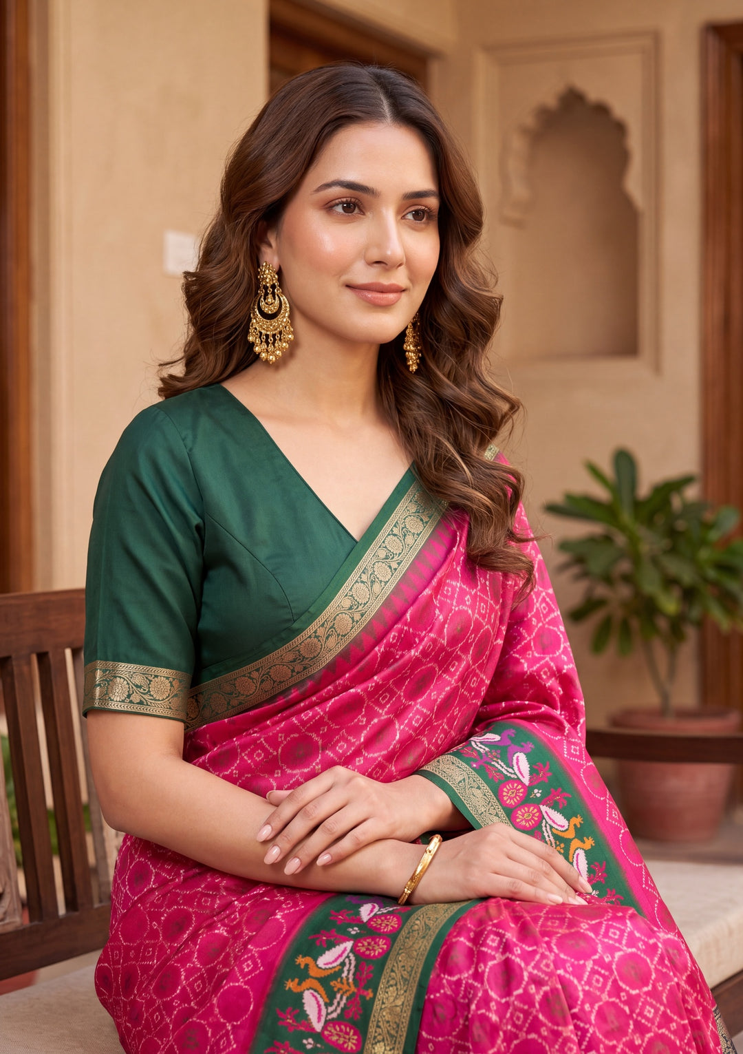 Rani Pink Art Silk Patola Jaal Saree With Matching Blouse Piece