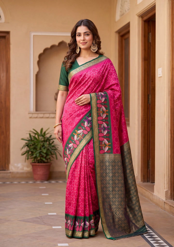 Rani Pink Art Silk Patola Jaal Saree With Matching Blouse Piece