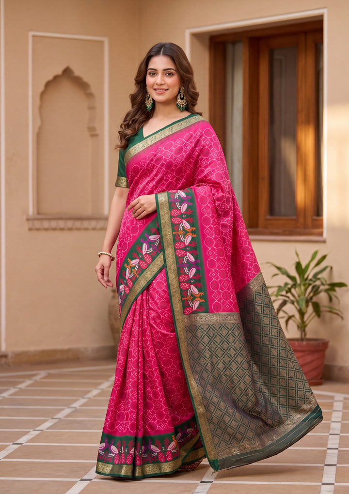Rani Pink Art Silk Patola Jaal Saree With Matching Blouse Piece