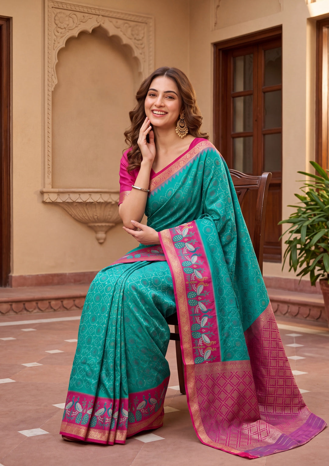 Turquoise Blue Art Silk Patola Jaal Saree With Matching Blouse Piece