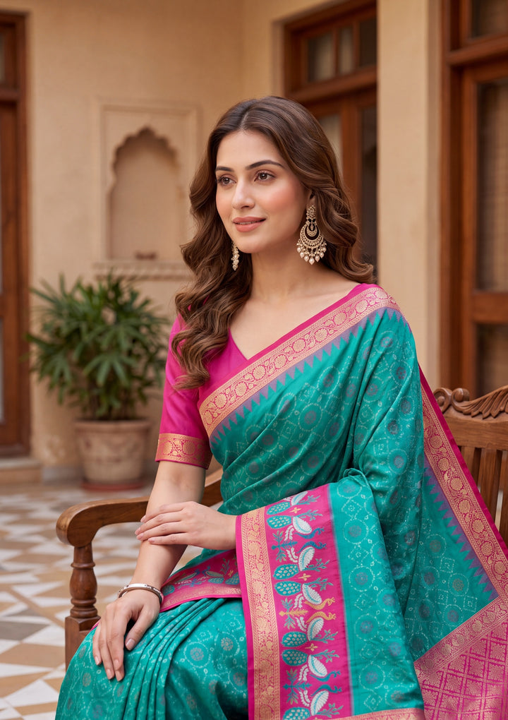 Turquoise Blue Art Silk Patola Jaal Saree With Matching Blouse Piece