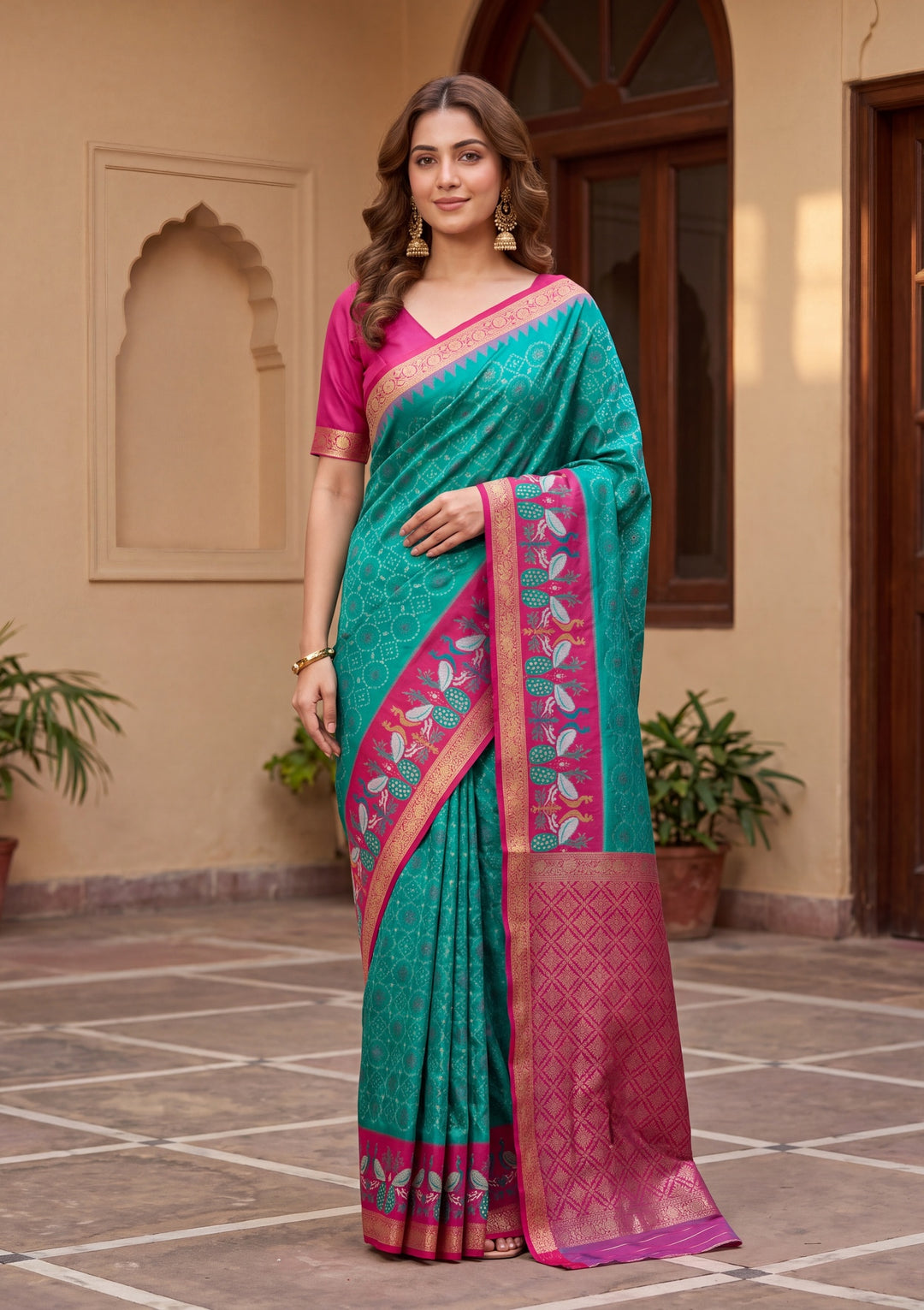 Turquoise Blue Art Silk Patola Jaal Saree With Matching Blouse Piece