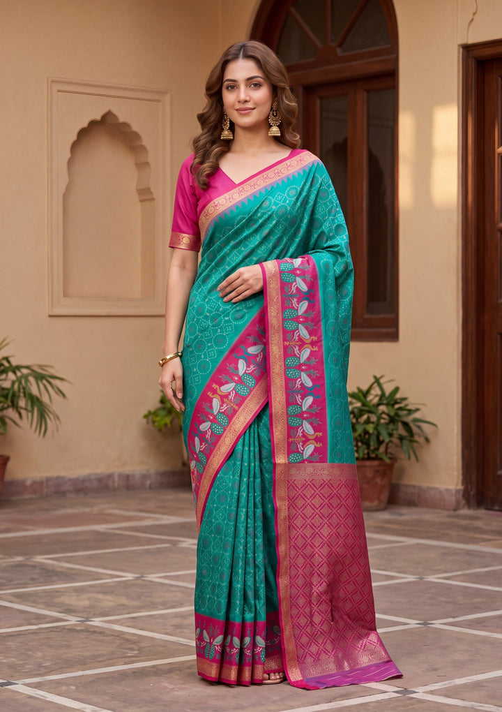 Turquoise Blue Art Silk Patola Jaal Saree With Matching Blouse Piece