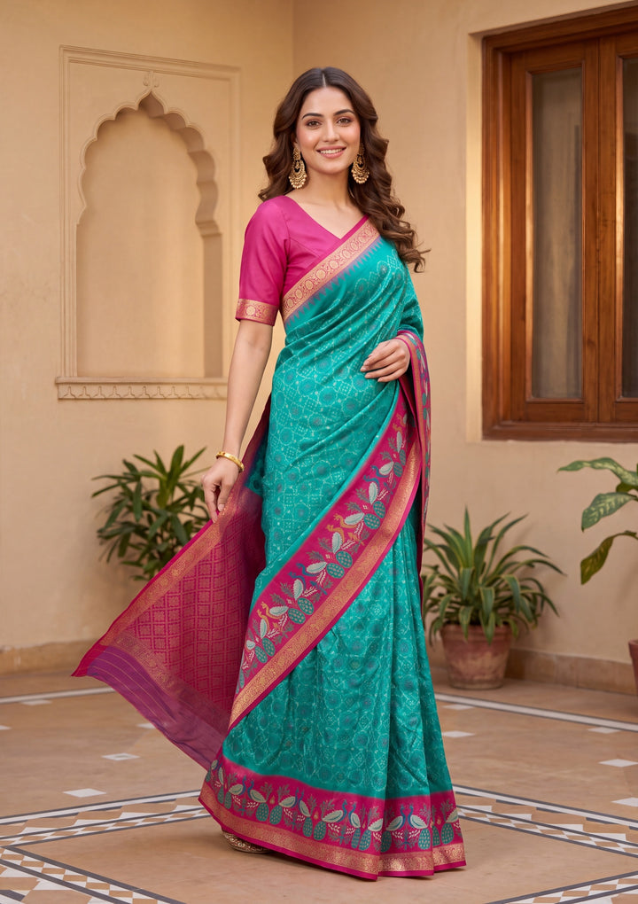 Turquoise Blue Art Silk Patola Jaal Saree With Matching Blouse Piece