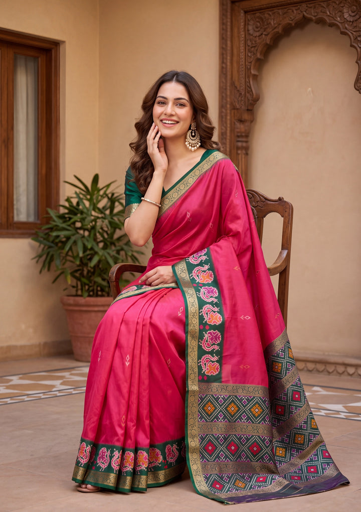 Rani Pink Art Silk Patola Jaal Saree With Matching Blouse Piece
