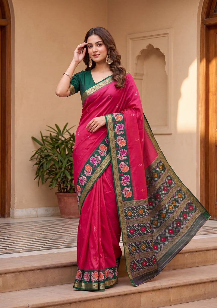 Rani Pink Art Silk Patola Jaal Saree With Matching Blouse Piece