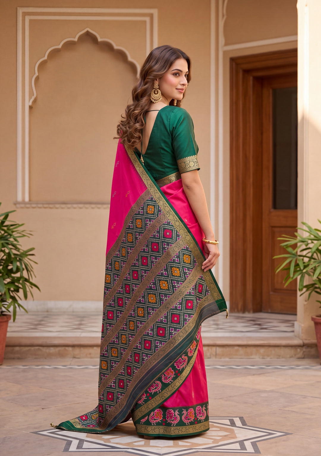 Rani Pink Art Silk Patola Jaal Saree With Matching Blouse Piece