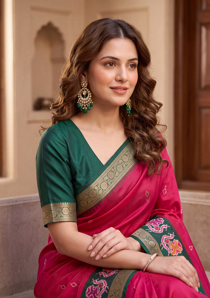 Rani Pink Art Silk Patola Jaal Saree With Matching Blouse Piece