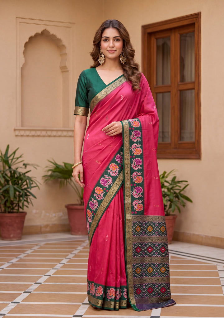 Rani Pink Art Silk Patola Jaal Saree With Matching Blouse Piece