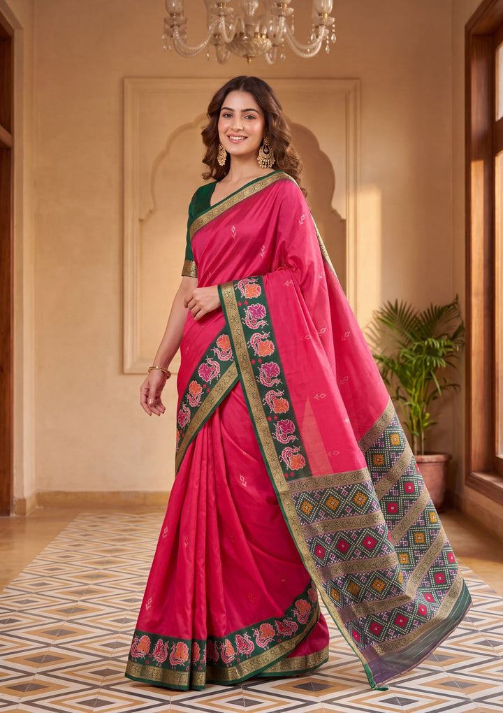 Rani Pink Art Silk Patola Jaal Saree With Matching Blouse Piece