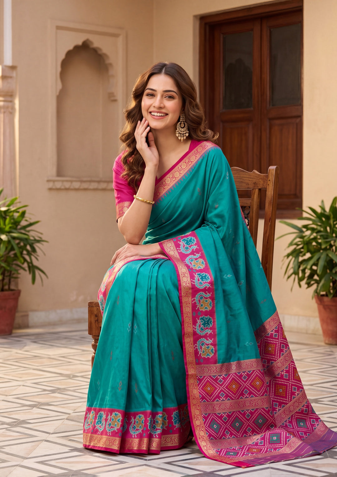 Turquoise Blue Art Silk Patola Jaal Saree With Matching Blouse Piece