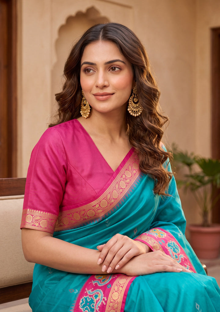 Turquoise Blue Art Silk Patola Jaal Saree With Matching Blouse Piece
