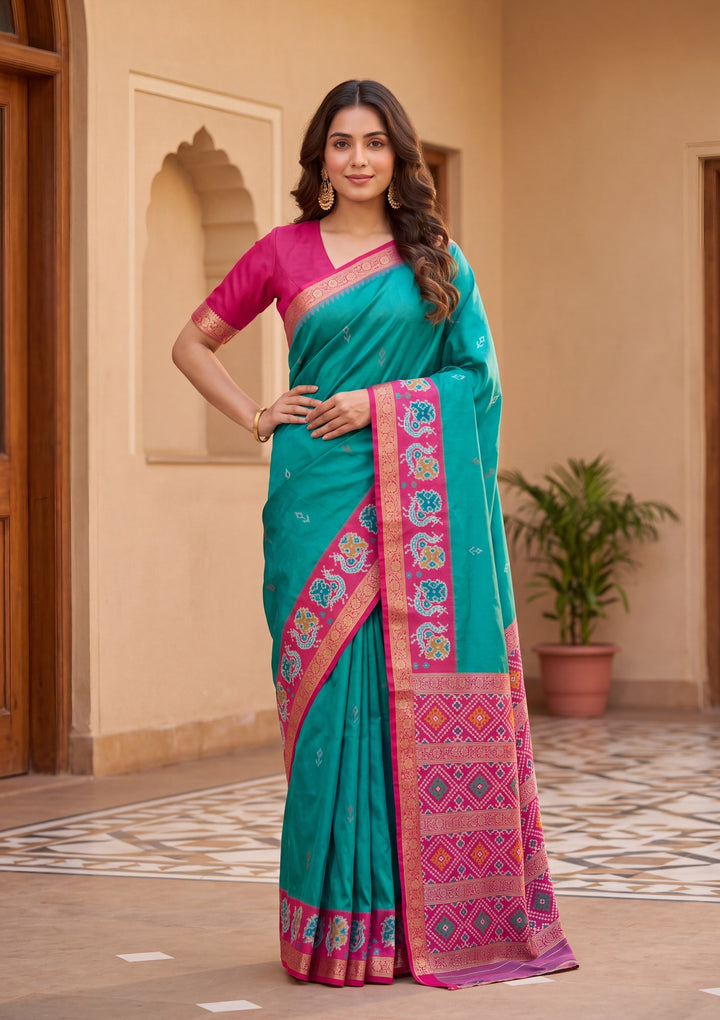 Turquoise Blue Art Silk Patola Jaal Saree With Matching Blouse Piece
