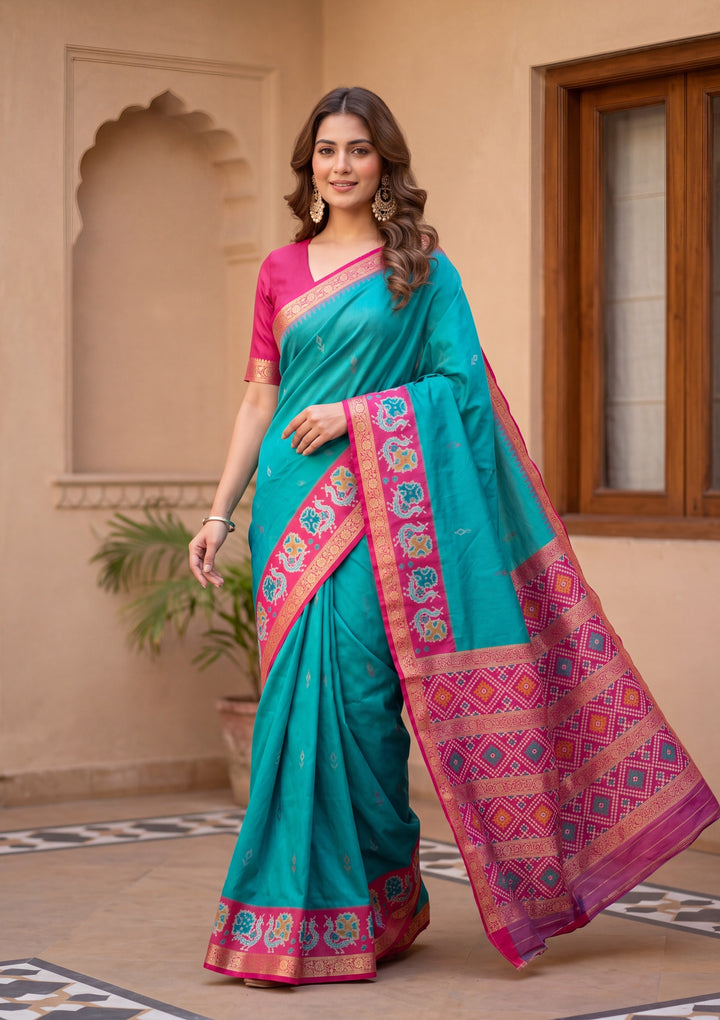 Turquoise Blue Art Silk Patola Jaal Saree With Matching Blouse Piece