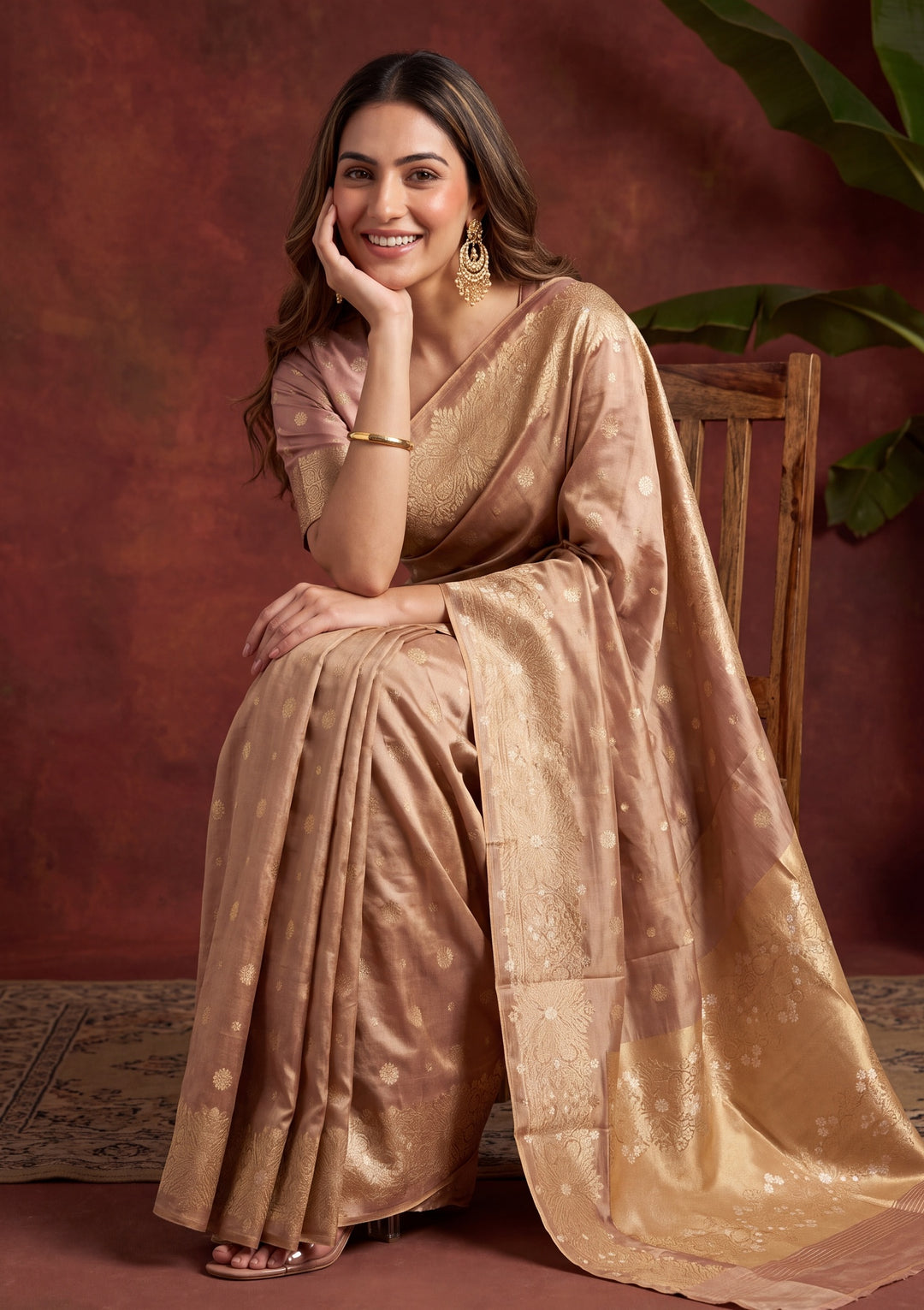 Brown Art Silk Kanjivaram Jaal Saree With Matching Blouse Piece