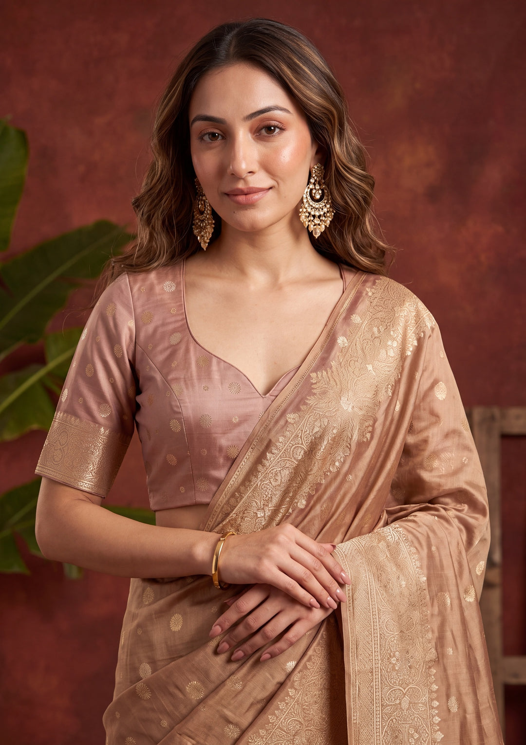 Brown Art Silk Kanjivaram Jaal Saree With Matching Blouse Piece