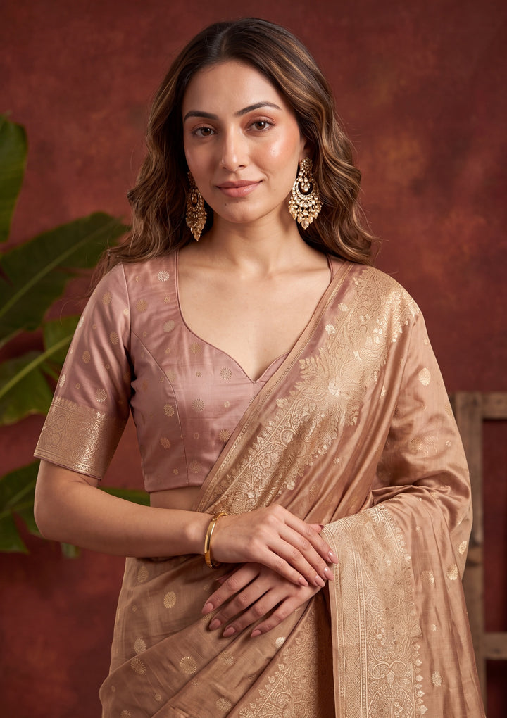 Brown Art Silk Kanjivaram Jaal Saree With Matching Blouse Piece
