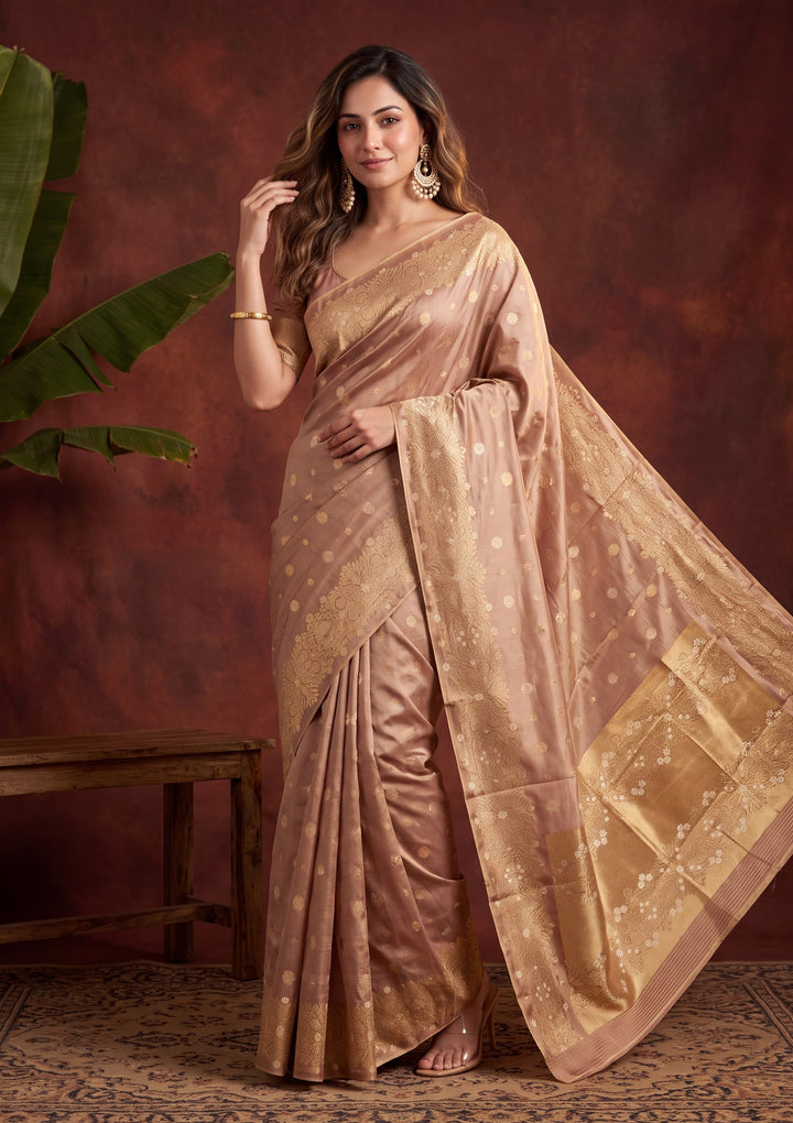 Brown Art Silk Kanjivaram Jaal Saree With Matching Blouse Piece