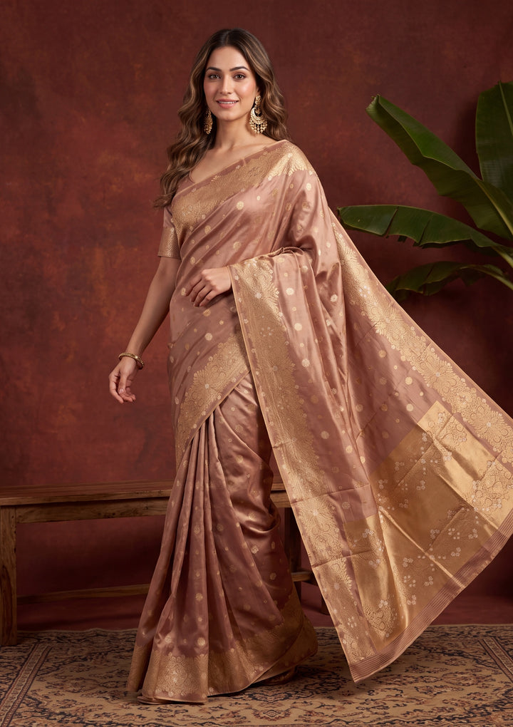 Brown Art Silk Kanjivaram Jaal Saree With Matching Blouse Piece