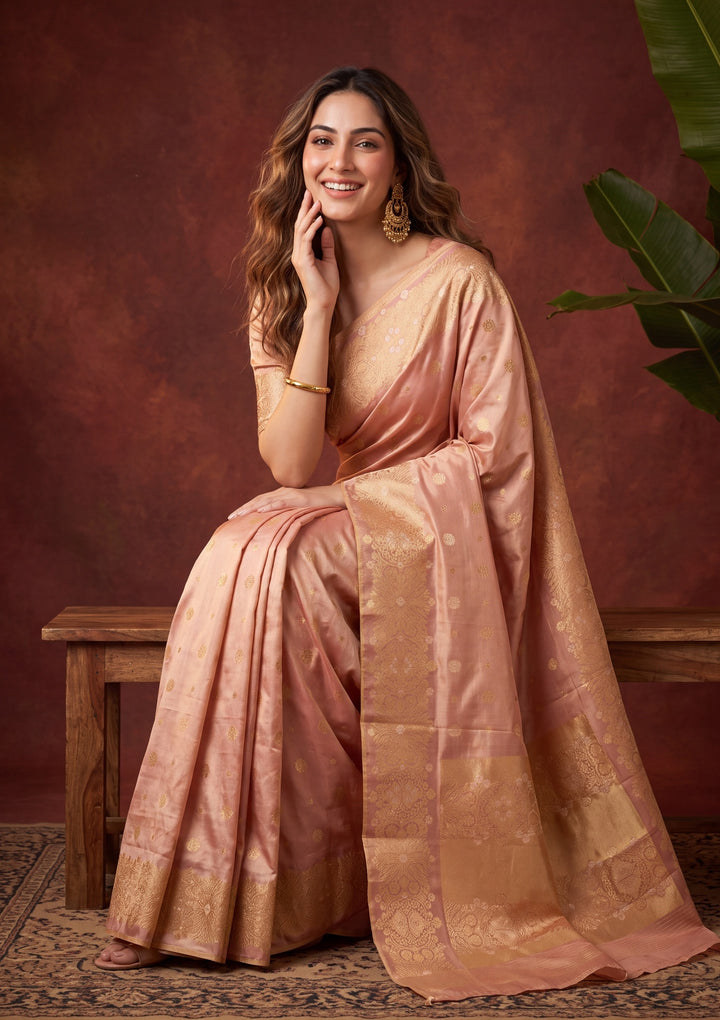 Peach Art Silk Kanjivaram Jaal Saree With Matching Blouse Piece