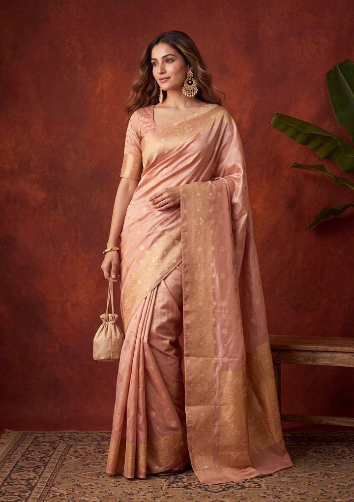 Peach Art Silk Kanjivaram Jaal Saree With Matching Blouse Piece