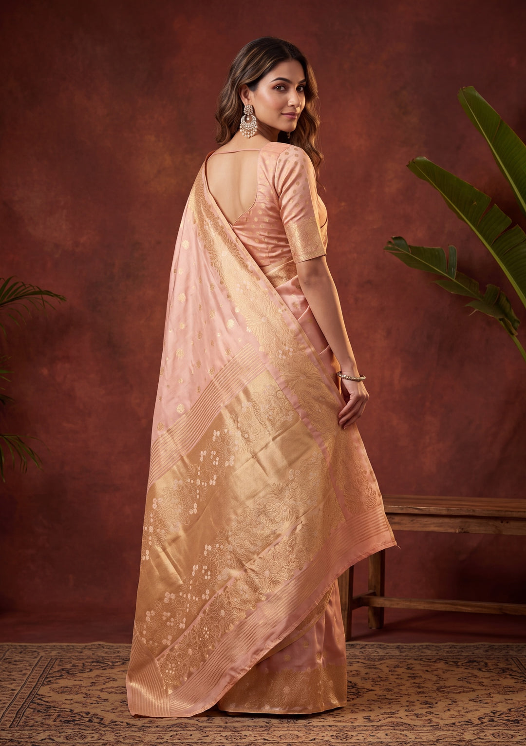 Peach Art Silk Kanjivaram Jaal Saree With Matching Blouse Piece