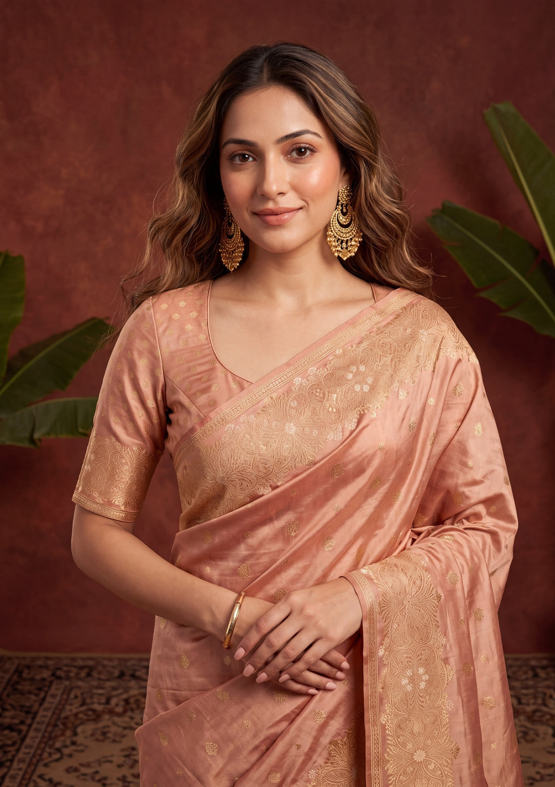 Peach Art Silk Kanjivaram Jaal Saree With Matching Blouse Piece