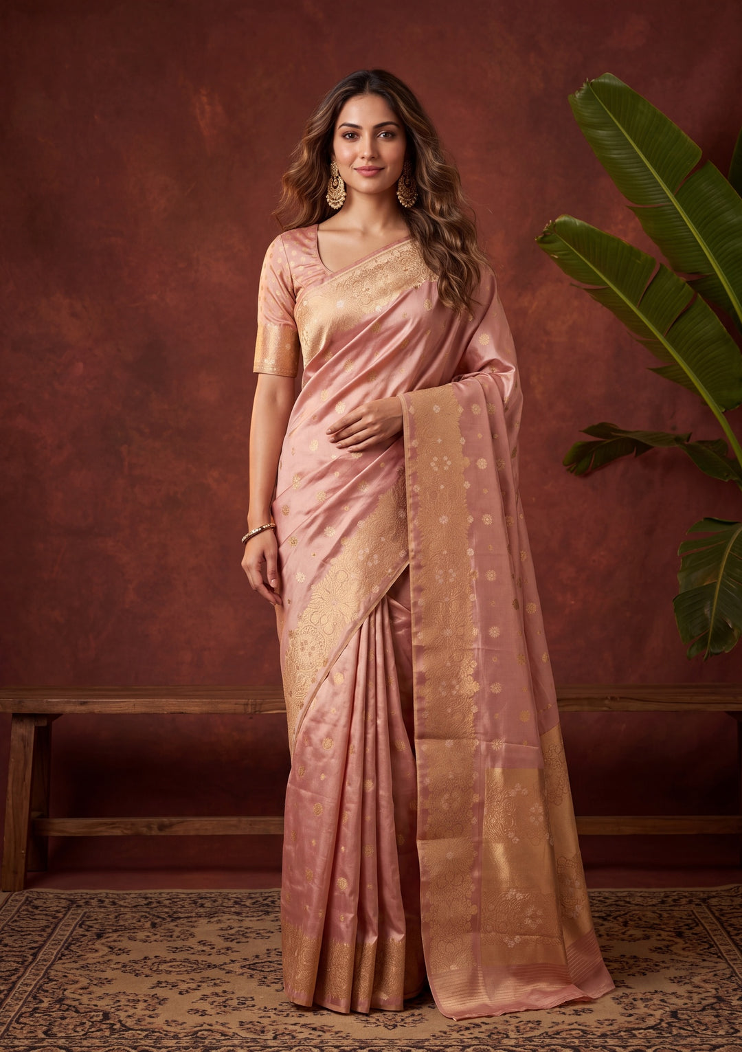 Peach Art Silk Kanjivaram Jaal Saree With Matching Blouse Piece