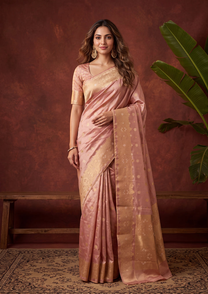 Peach Art Silk Kanjivaram Jaal Saree With Matching Blouse Piece