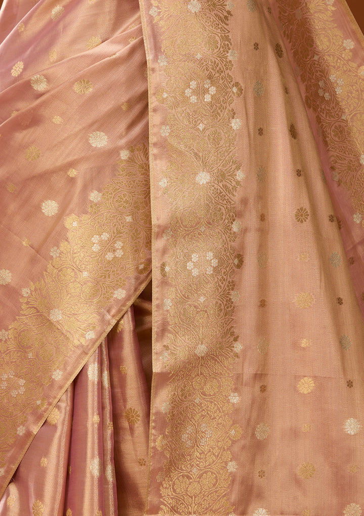 Peach Art Silk Kanjivaram Jaal Saree With Matching Blouse Piece