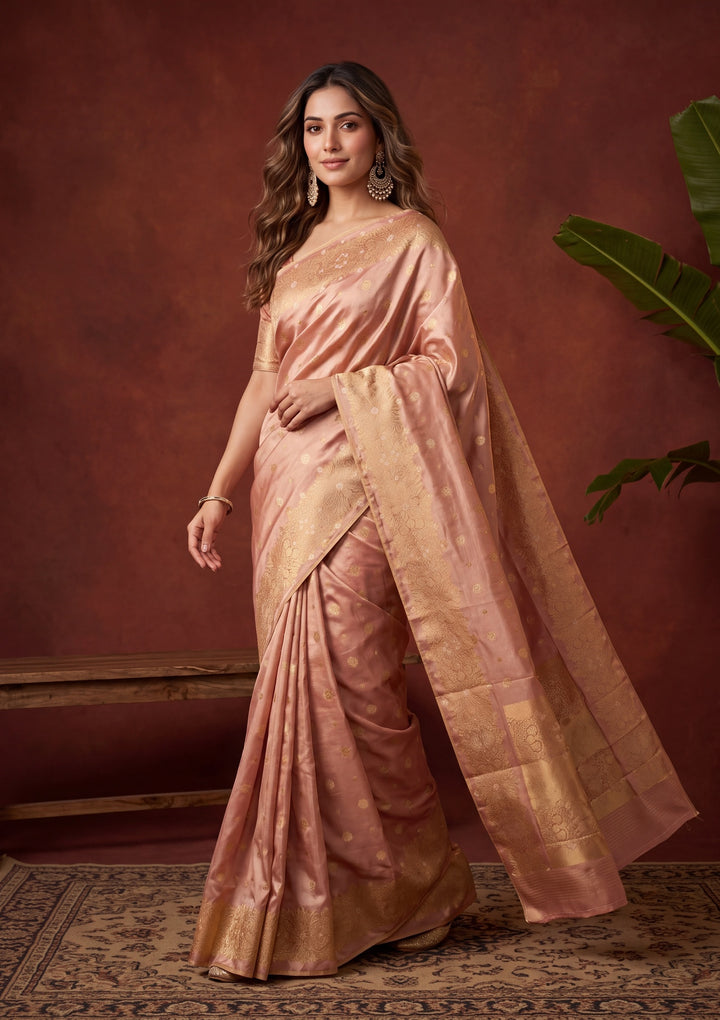 Peach Art Silk Kanjivaram Jaal Saree With Matching Blouse Piece