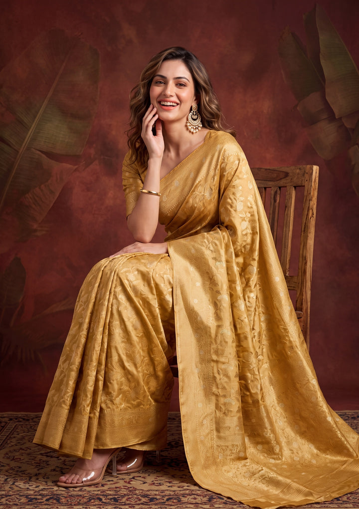 Gold Art Silk Kanjivaram Jaal Saree With Matching Blouse Piece