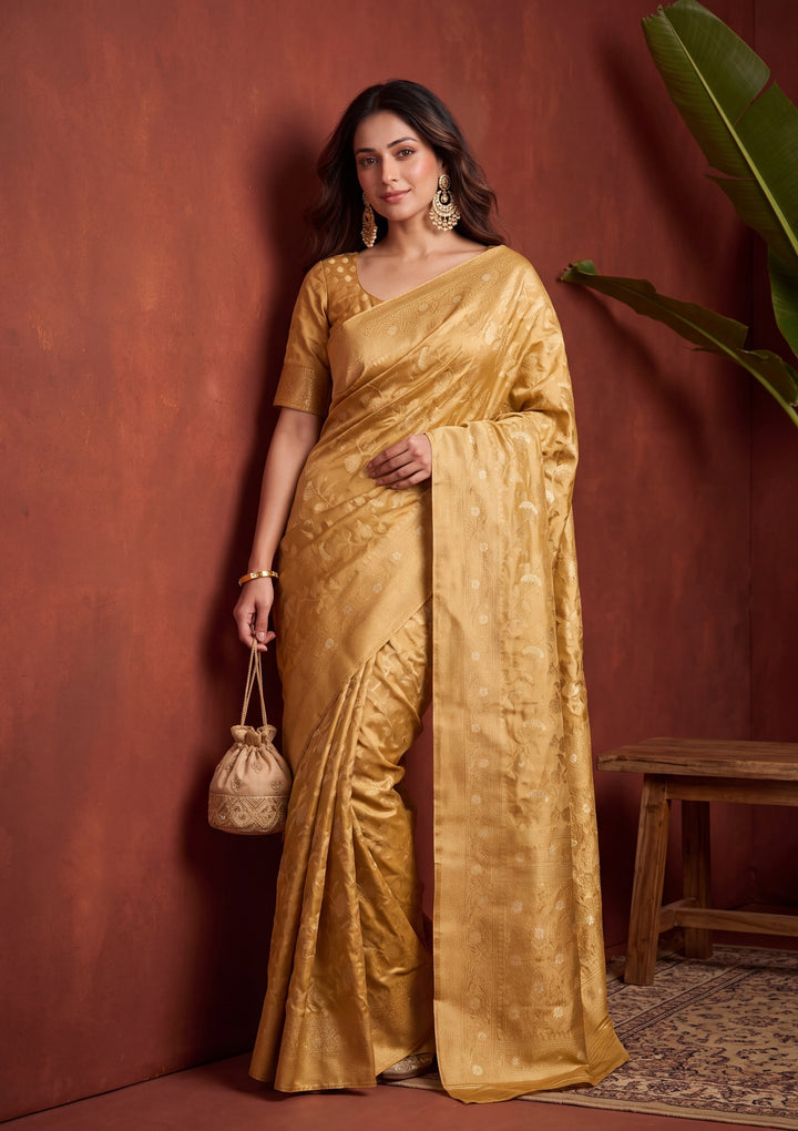 Gold Art Silk Kanjivaram Jaal Saree With Matching Blouse Piece