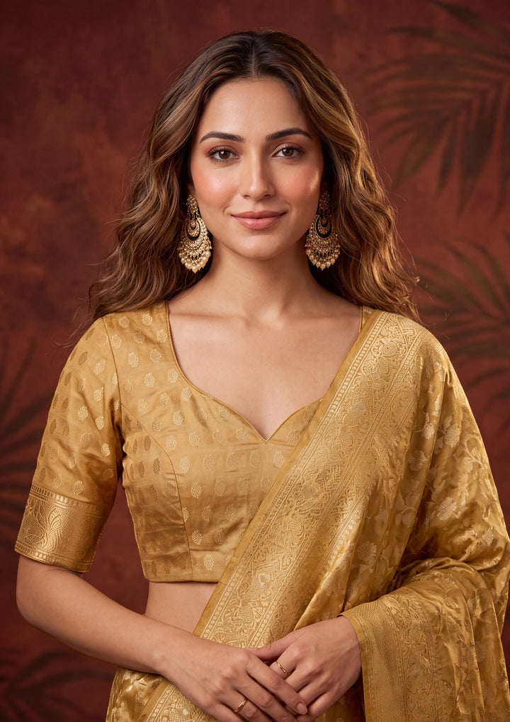 Gold Art Silk Kanjivaram Jaal Saree With Matching Blouse Piece