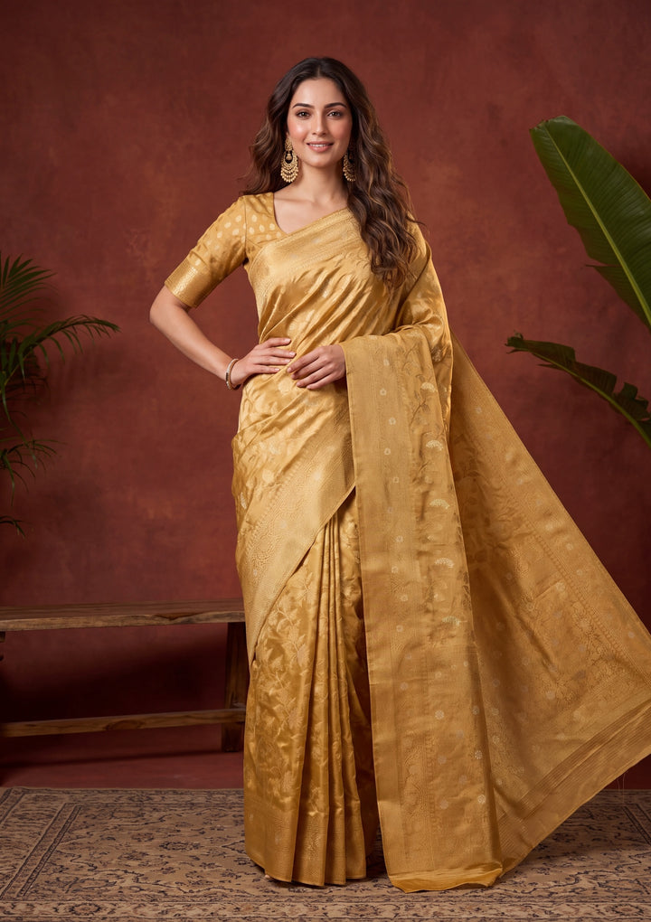 Gold Art Silk Kanjivaram Jaal Saree With Matching Blouse Piece