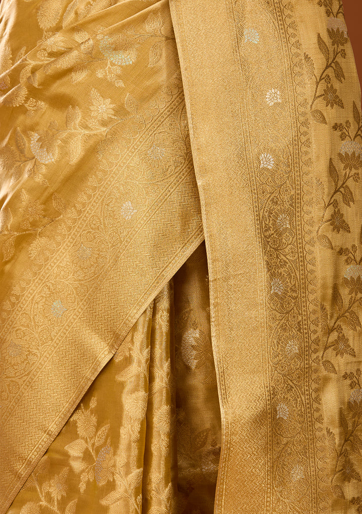 Gold Art Silk Kanjivaram Jaal Saree With Matching Blouse Piece