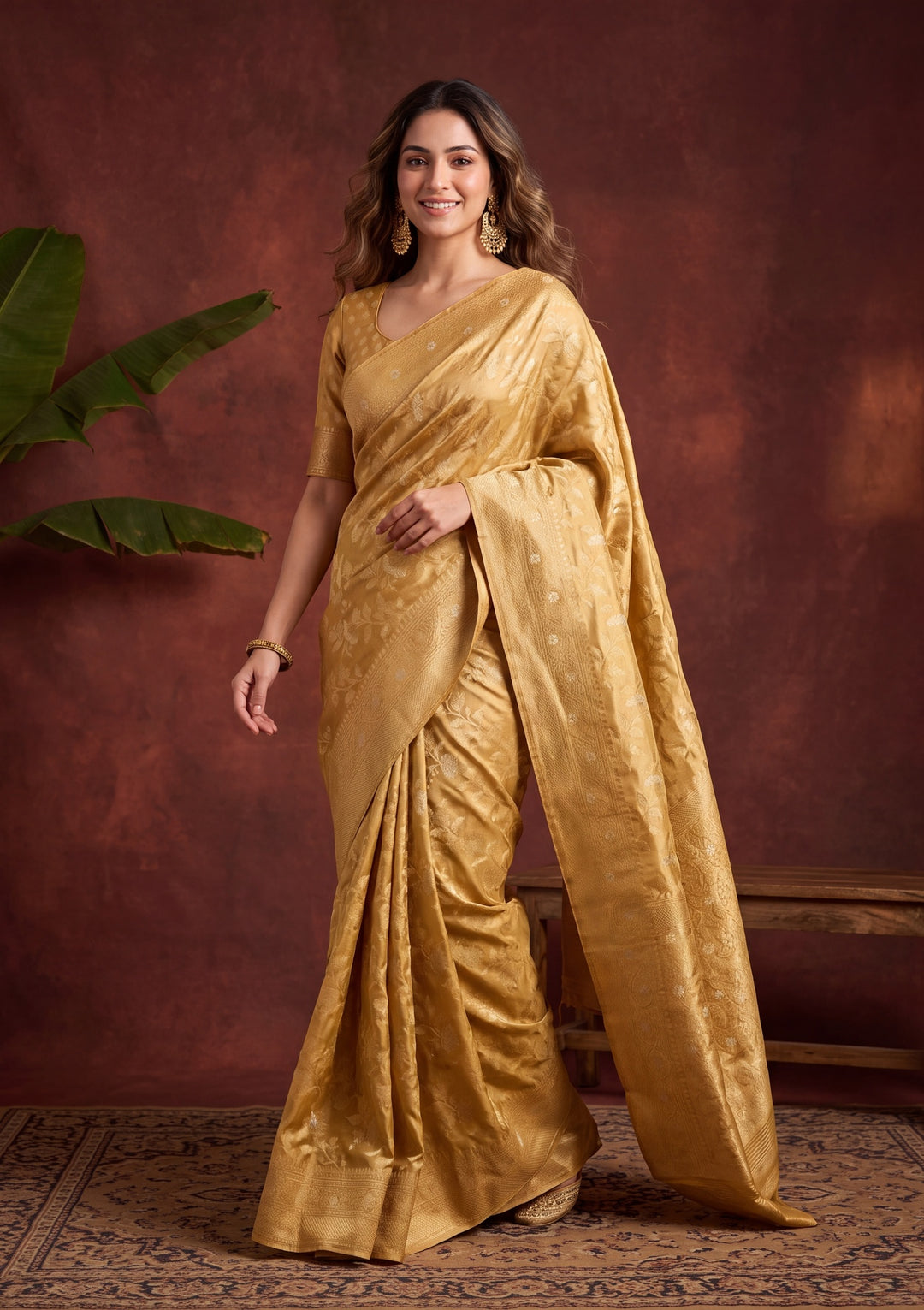 Gold Art Silk Kanjivaram Jaal Saree With Matching Blouse Piece