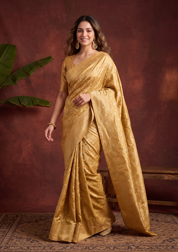 Gold Art Silk Kanjivaram Jaal Saree With Matching Blouse Piece