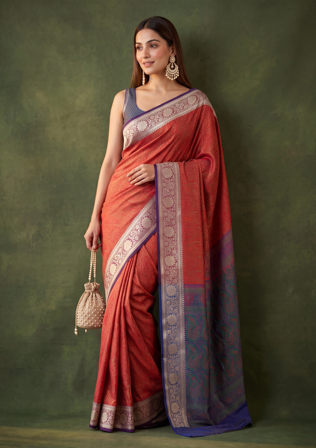 Rust Art Silk Jaal Saree With Matching Blouse Piece