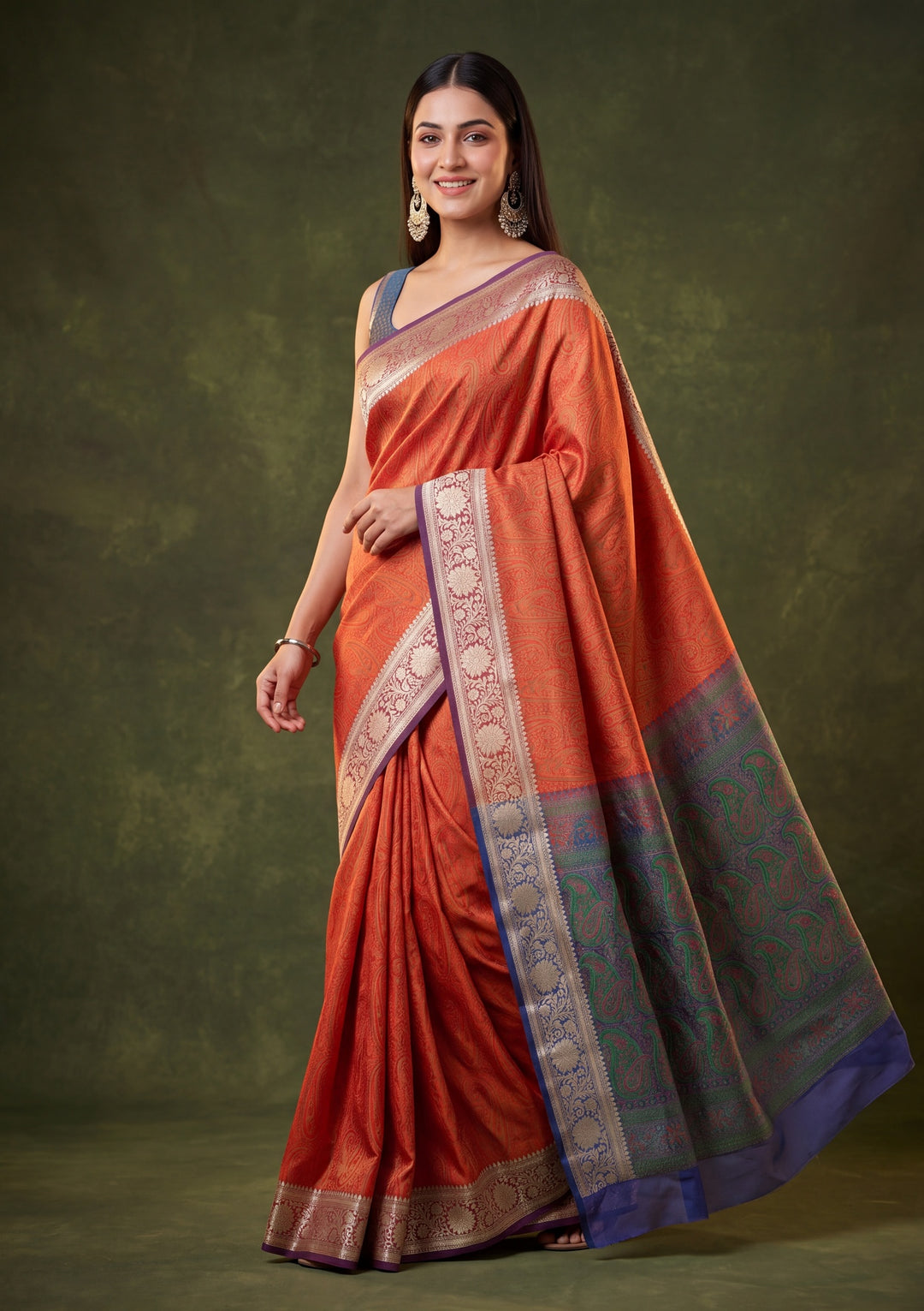 Rust Art Silk Jaal Saree With Matching Blouse Piece